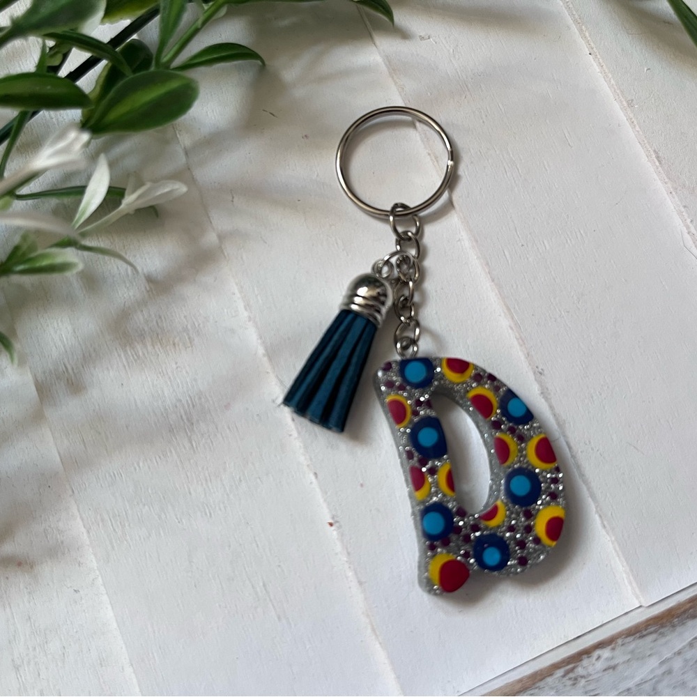 New Colorful D Initial Keychain with Blue Tassel